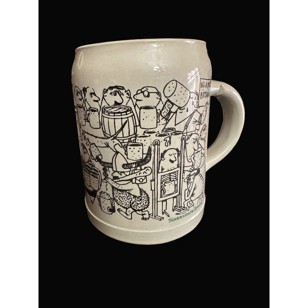 Suddeutsche‎ Zeitung Vintage German Cartoon Stoneware Beer Stein Mug Cream Black
